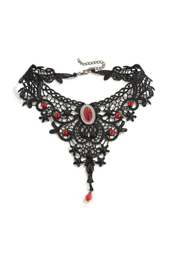 Women's Gothic Clavicle Chain Necklace Hollow Out Lace Blood Drop Pendant Choker Statement Jewelry Party Accessories