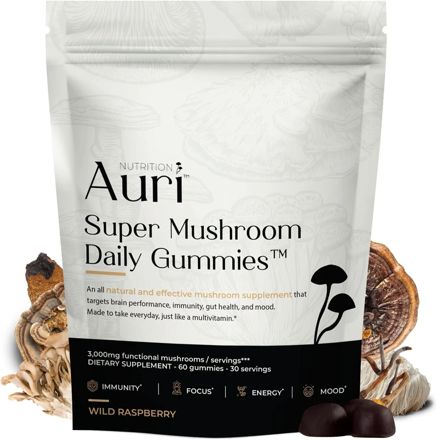 Auri Super Mushroom Gum Supplement - 12 Mushroom Blend - Immune Support - 60 Pieces 30 servings