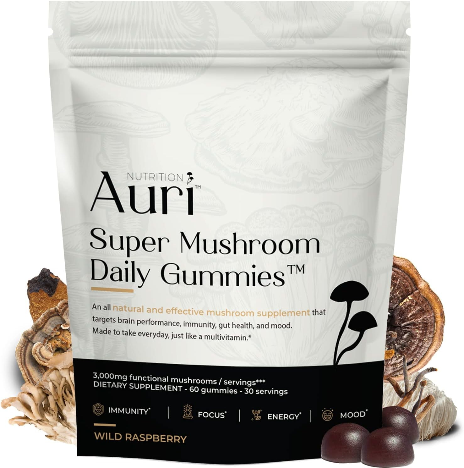 Auri Superfood Mushroom Gummies 12 Blend Supplement Boost Immunity, Energy, Mood 60