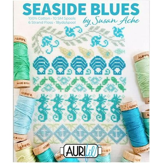 Aurifil Susan Ache Seaside Blues Thread Set 10 sm spools 6 Strand Floss, Assorted Colors