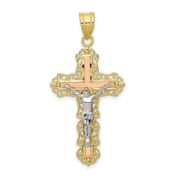 Auriga Fine Jewelry 10K Tri-color Gold Diamond-cut Crucifix Cross Pendant for Women (L-43mm, W-21mm)