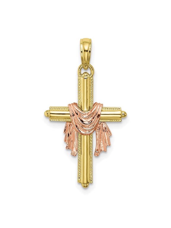 Fine Jewelry 10K Two-Tone Gold Cross with Drape Charm Pendant for Women (L- 27.4 mm, W- 15 mm)