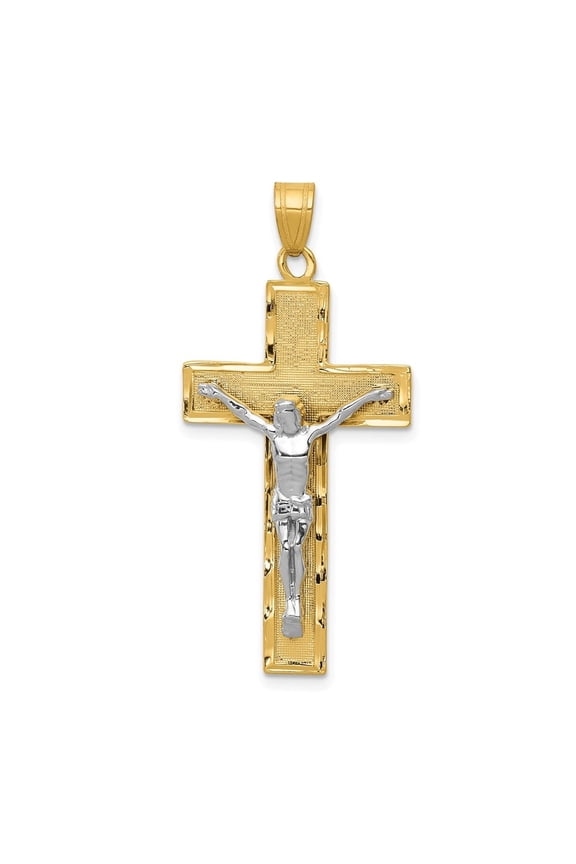 Fine Jewelry 10K Two-tone Gold Diamond-cut Crucifix Cross Pendant for Women (L- 42mm, W- 19mm)