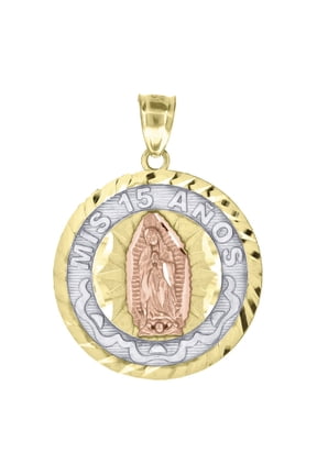 10k Tri-Color Gold Diamond-Cut Mis 15 Anos Guadalupe Mary Quinceanera Pendant for Women
