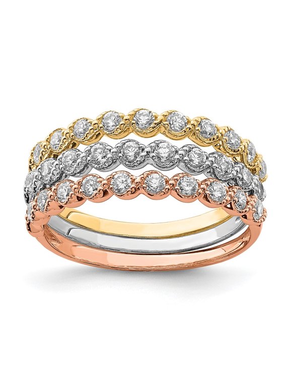 10k Tri-color Gold Set of Three Stackable CZ Ring for Women Size- 7