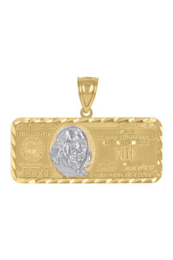 10k Two-Tone Gold 100 Dollar Bill Currency Diamond Cut Pendant for Men