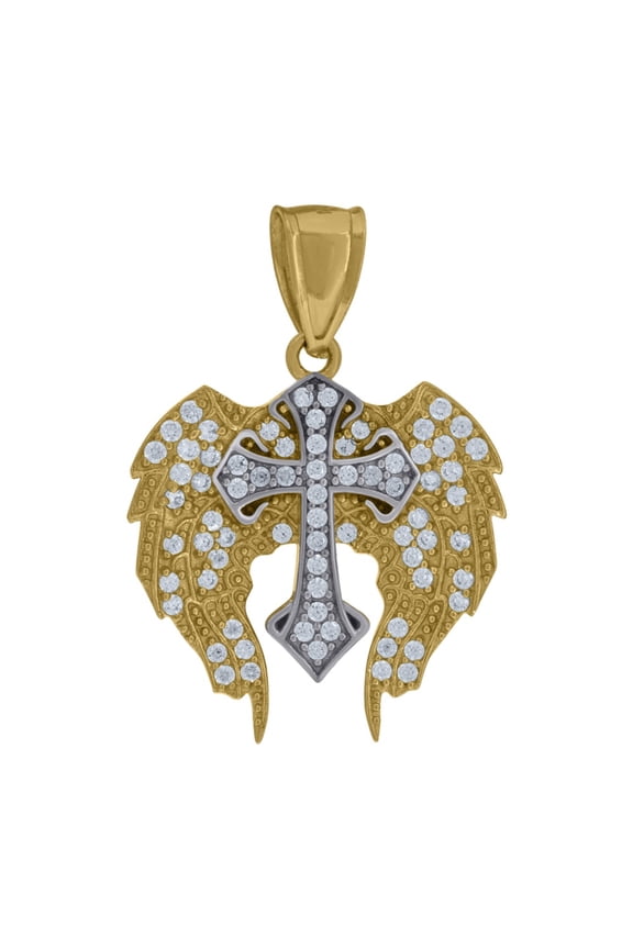 10k Two-Tone Gold Cubic Zirconia Angel Wings Cross Religious Charm Pendant for Women
