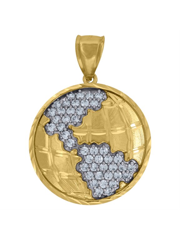10k Two-Tone Gold Cubic-Zirconia Globe World Map Pendant for Men