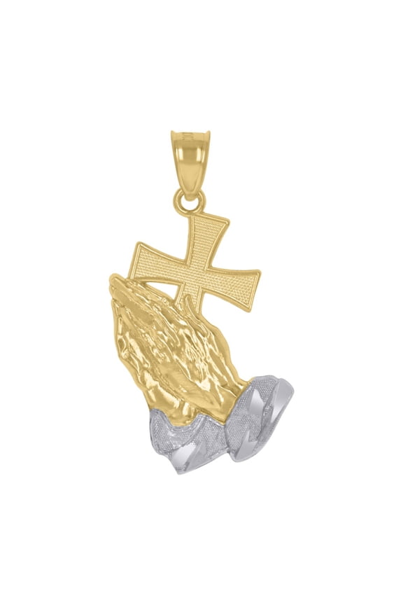 10k Two-Tone Gold Praying Hands Praying Hands With Cross Religious Charm Pendant for Men