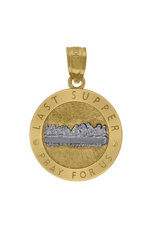 10k Two-Tone Gold Textured Last Supper Pray For Us Religious Charm Pendant for Women
