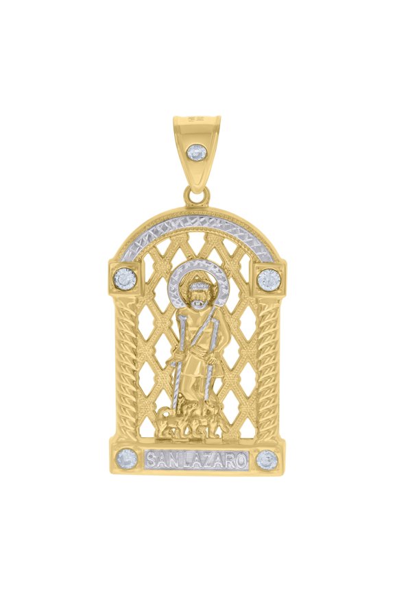 10k Two-tone Gold Cubic-Zirconia St. Lazarus Religious Charm Pendant for Men