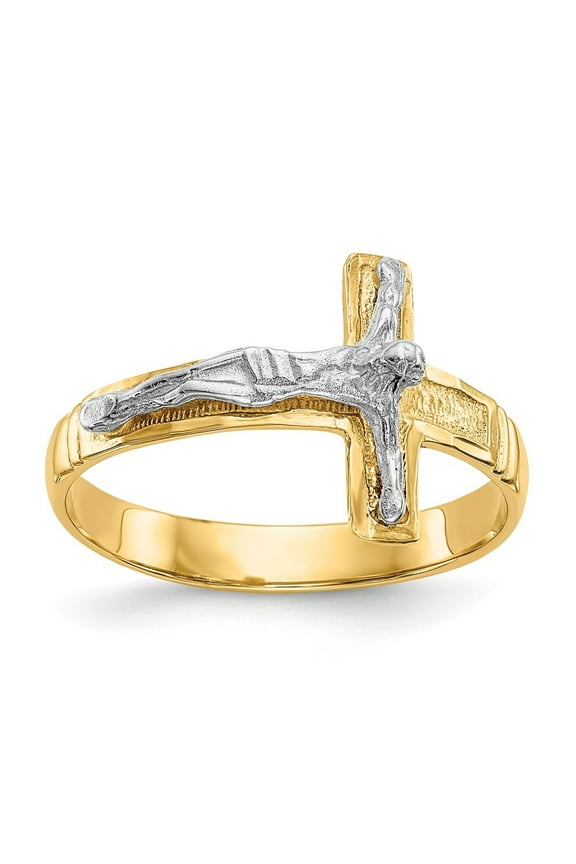 10k Two-tone Gold Polished Diamond-Cut Men's Crucifix Cross Ring Size- 9
