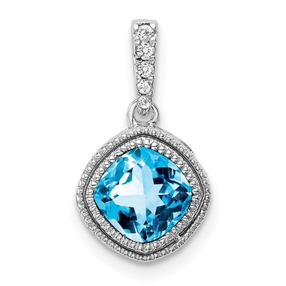 Auriga Fine Jewelry 10K White Gold Cushion Blue Topaz and Diamond Pendant for Women (L-15.1mm, W-9.2mm)