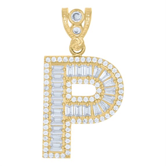 Auriga Fine Jewelry 10K Yellow Gold Baguette and Round Cubic-Zirconia Initial Letter P Charm Pendant for Women