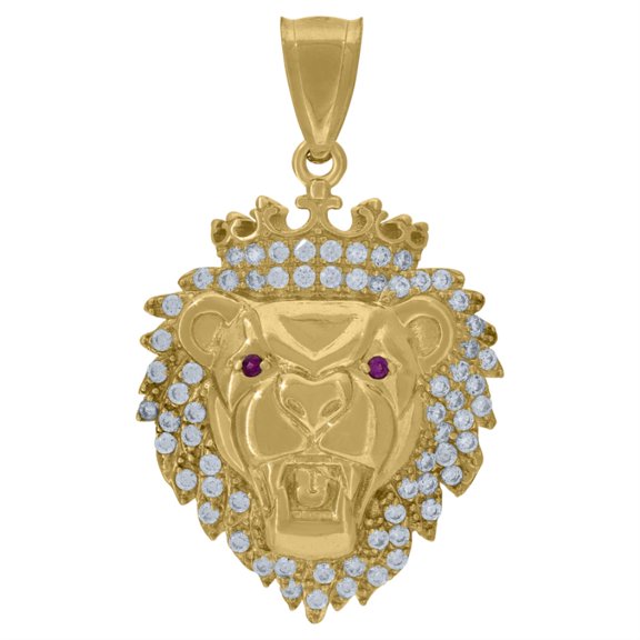 Auriga 10k Yellow Gold Pink Cubic Zirconia Zodiac Sign Leo Lion Head Crown Charm Pendant for Men