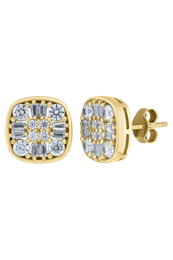 10k Yellow Gold Round & Baguette Cubic Zirconia Square Head Stud Earrings for Women