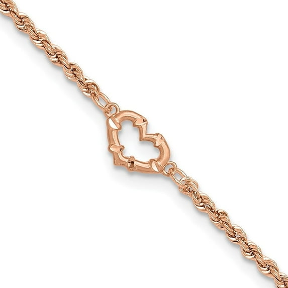 Auriga 14K Rose Gold Diamond-Cut Rope With Heart Anklet 9inch Valentine's Day Gift for Women