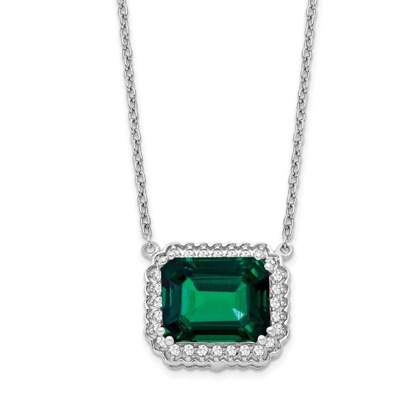 Auriga Fine Jewelry 14K White Gold 1 mm Octagon Created Emerald and Diamond Necklace for Women 18"