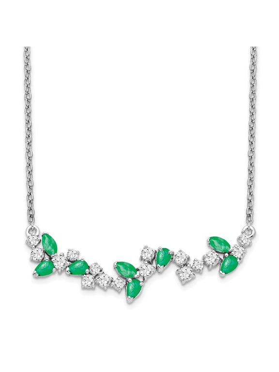 14K White Gold 3.4x1.9 mm Emerald and Diamond Floral Bar Necklace for Women 18"
