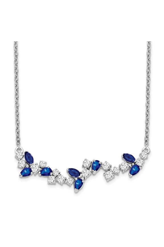 14K White Gold 3.4x1.9 mm Sapphire and Diamond Floral Bar Necklace for Women 18"