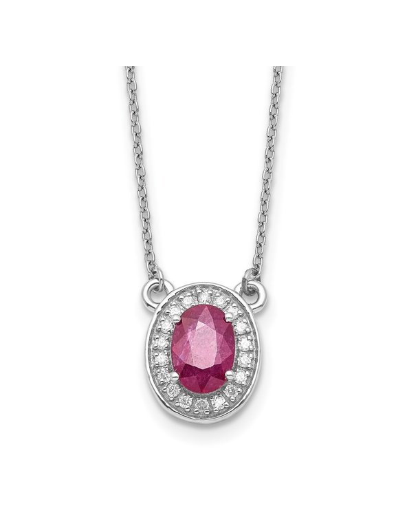 14K White Gold 7x5 mm Diamond and Oval Ruby Necklace for Women 18"