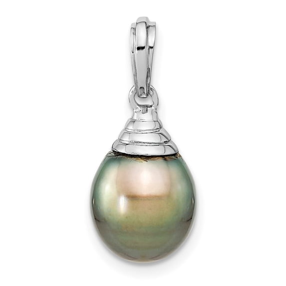 Auriga 14K White Gold 9-10mm Teardrop Black Saltwater Tahitian Pearl Pendant for Women (L-22mm, W-9.8mm)