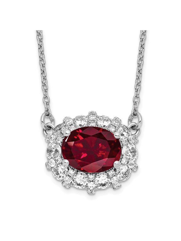 14K White Gold 9x7 mm Lab Grown Diamond Created Ruby Necklace for Women 18"