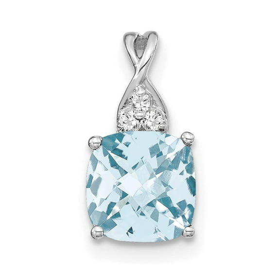 Auriga 14K White Gold Checkerboard Aquamarine and Diamond Pendant for Women (L-13.5mm, W-7mm)
