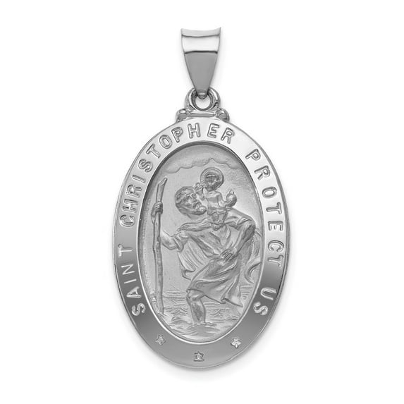 Auriga 14K White Gold Polished and Satin St. Christopher Medal Pendant for Women (L-36mm, W-18.5mm)