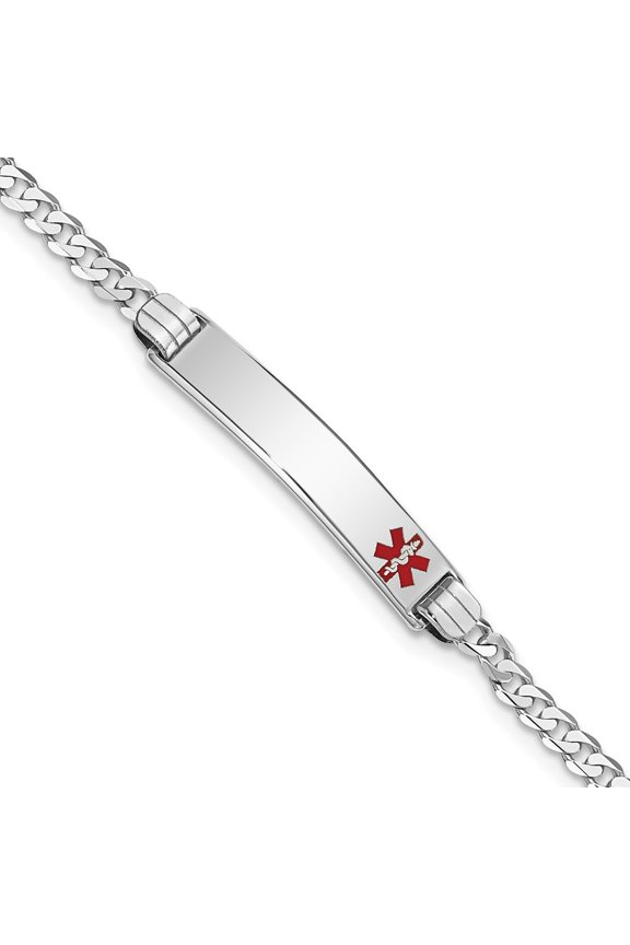14K White Gold Red Enamel Flat Curb Link Id Bracelet 7 inch for Women(L- 7inch, W- 5.5mm)