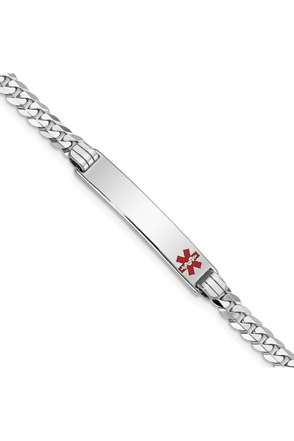 14K White Gold Red Enamel Flat Curb Link Id Bracelet 7 inch for Women(L- 7inch, W- 5.5mm)