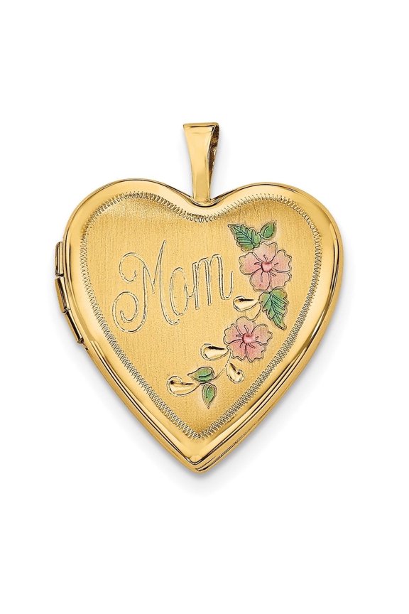 14K Yellow Gold 20mm Enamel Flowers Mom Heart Locket Pendant (L-24.75mm, W-19.6mm) for Women
