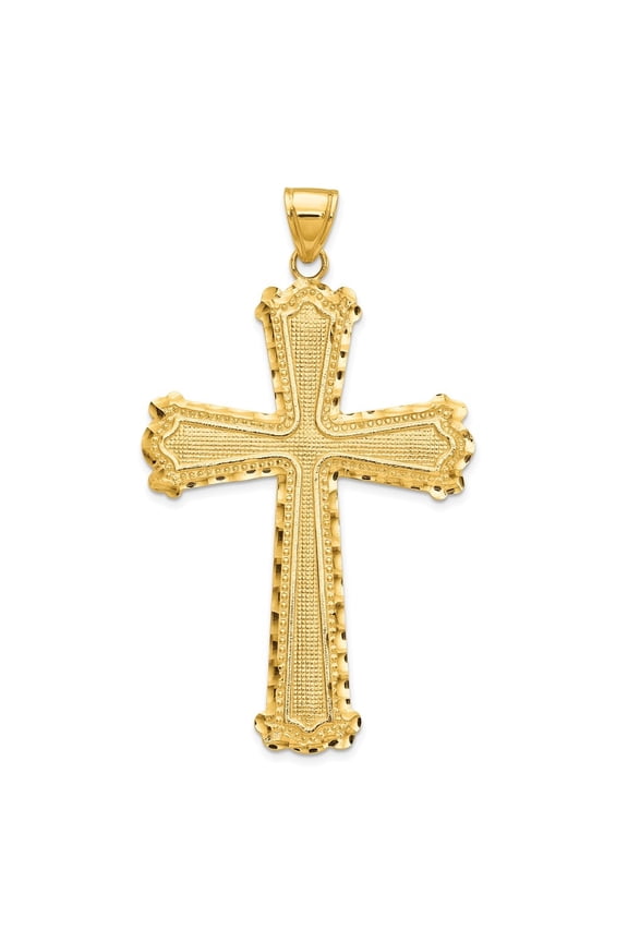 14K Yellow Gold Diamond-Cut Diagonal Lined Cross Pendant for Women (L-42 mm,W-25 mm)