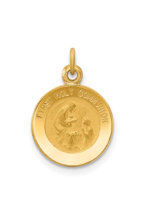 Fine Jewelry 14K Yellow Gold First Communion Medal Charm for Women (L - 16mm, W - 12mm)