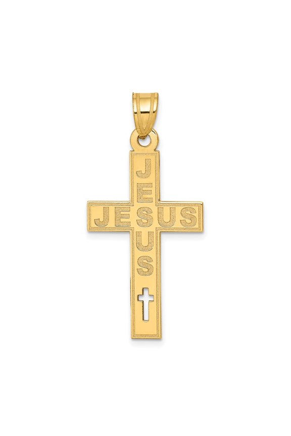 14K Yellow Gold Laser Cut JESUS Cross Charm for Women (Length - 39.25mm, Width - 18.25mm)