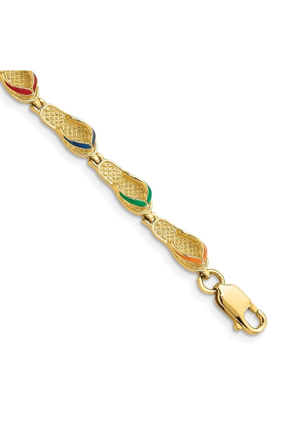 14K Yellow Gold Multi-Color Enamel Flip Flop Bracelet 7.25 inch for Women