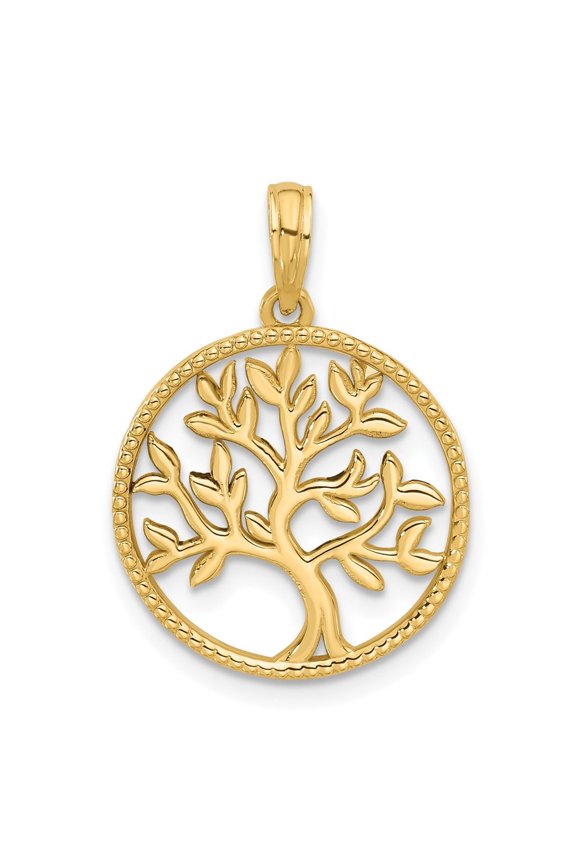 14K Yellow Gold Polished Circle with Tree Charm for Women