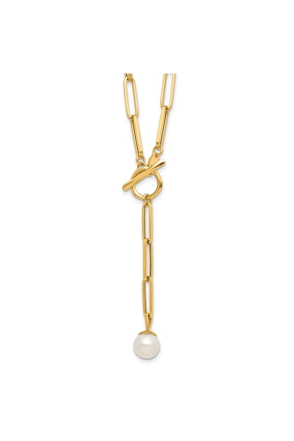 14K Yellow Gold Polished Freshwater Cultured Pearl Fancy Link Toggle Necklace for Women 18"