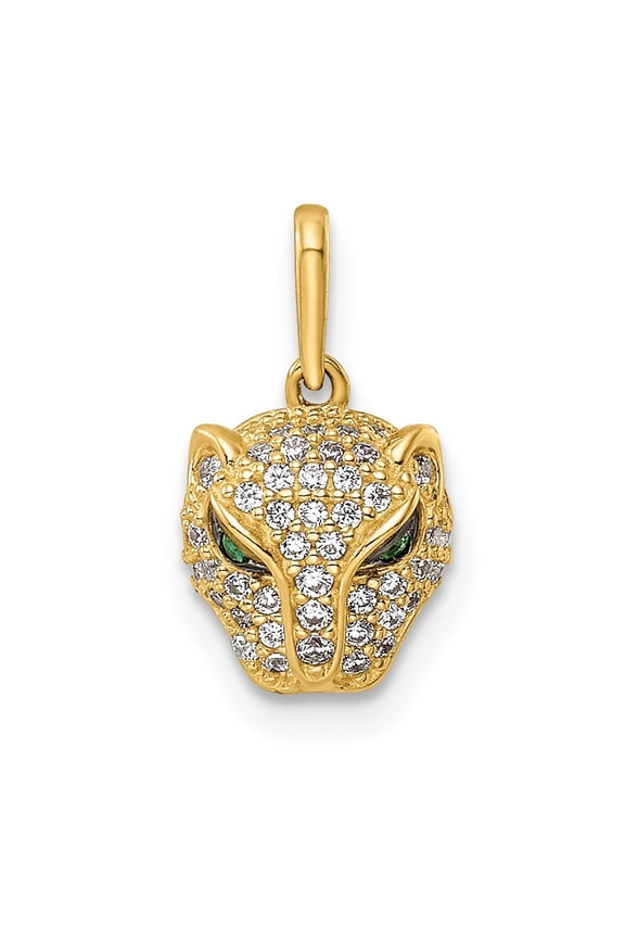 14K Yellow Gold Polished Green and White Cubic Zirconia Lioness Head Pendant for Women (W-9mm)
