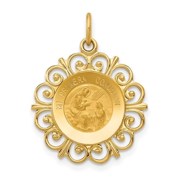 Auriga 14K Yellow Gold Polished/Satin Spanish 1st Communion Medal Hollow Pendant