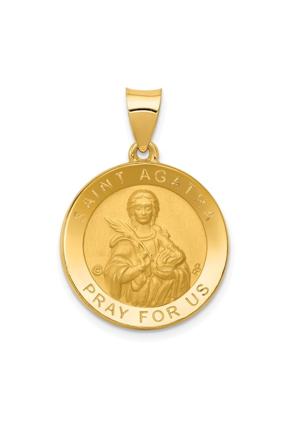 14K Yellow Gold Polished/Satin St. Agatha Hollow Medal Pendant for Women (L-28mm, W-19mm)