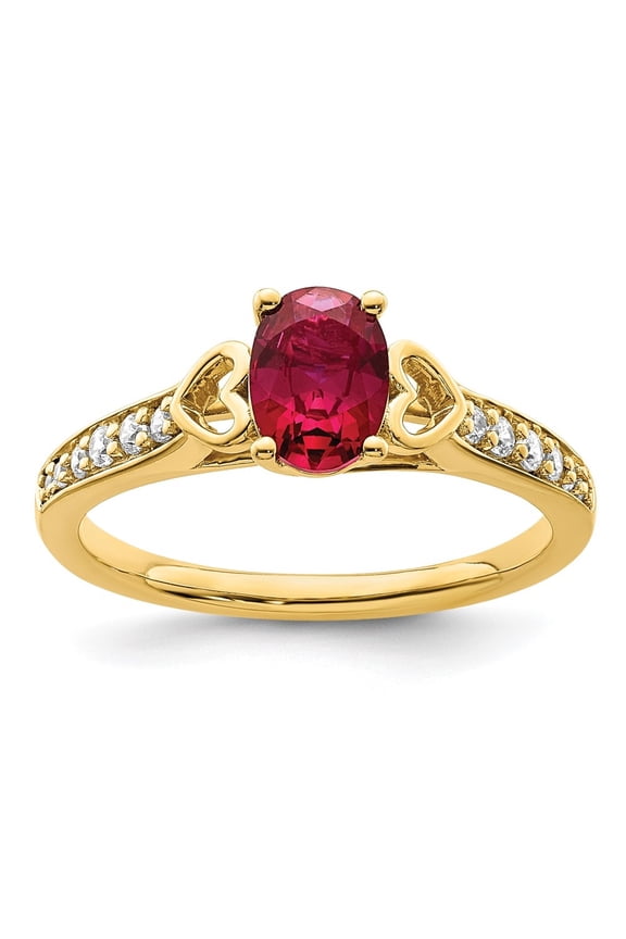 14K Yellow Gold Polished Side Hearts Ruby and Diamond Ring Size 7 (0.13ct, Clarity- I2) Valentine's Day Gift for Women