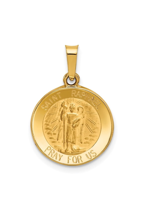 Fine Jewelry 14K Yellow Gold Polished and Satin St. Raphael Medal Pendant for Women (L-18mm, W-16mm)