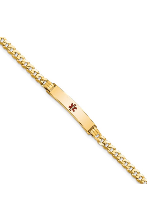 14K Yellow Gold Red Enamel Curb Link Id Bracelet 8 inch for Women(L- 8inch, W- 5.5mm)