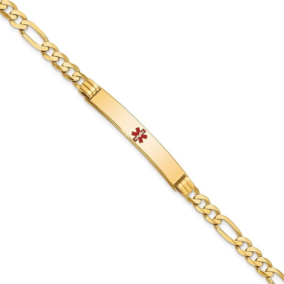 Auriga 14K Yellow Gold Red Enamel Flat Figaro Link Id Bracelet 7 inch for Women(L- 7inch, W- 6.5mm)