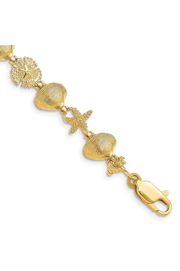 Fine Jewelry 14K Yellow Gold Sand Dollar, Clam, Starfish Bracelet 7.25 inch for Women