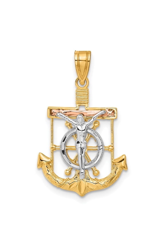 14K Yellow Gold Tri-Color Diamond-Cut Textured Mariner'S Cross Pendant for Women (L-29 mm,W-18 mm)