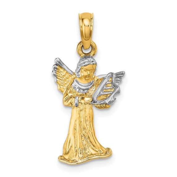 Auriga Fine Jewelry 14K Yellow Gold w/ White Rhodium 3-D Angel Playing Harp Charm (L-23.15 mm, W-11.4 mm)
