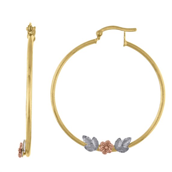 Auriga 14k Gold Tri-Color Flower Leaf 39.9mm Huggie Hoop Earrings For Women