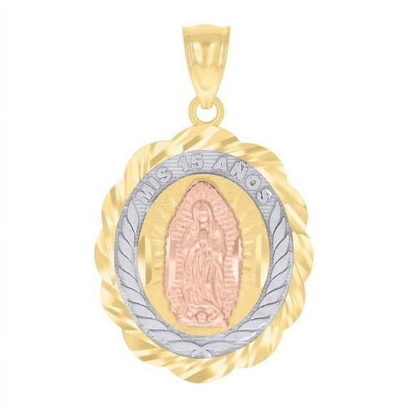 Auriga 14k Tri-Color Gold 15 Anos Oval Quinceanera Charm Pendant for Women (L- 30.2mm, W- 18.4mm)